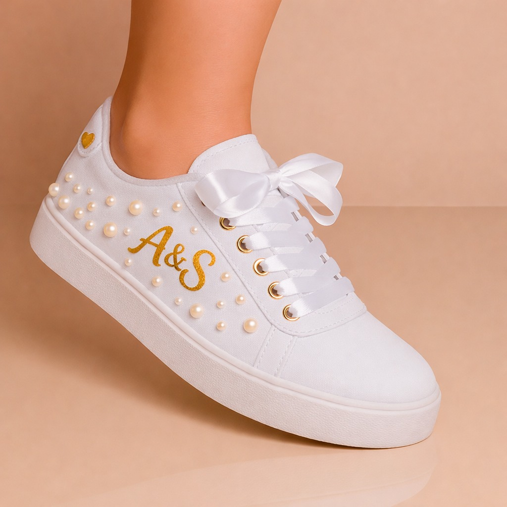 Tênis personalizado com iniciais douradas e pérolas